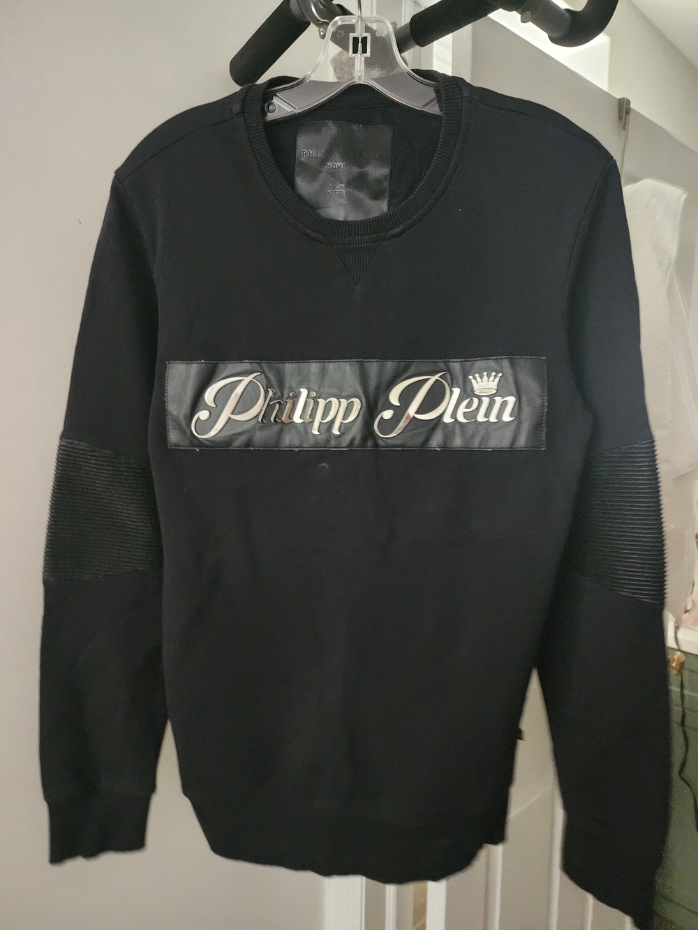 Philipp Plein Black Crewneck with Heavy Metal Logo Panel and Ribbed Elbow Detail